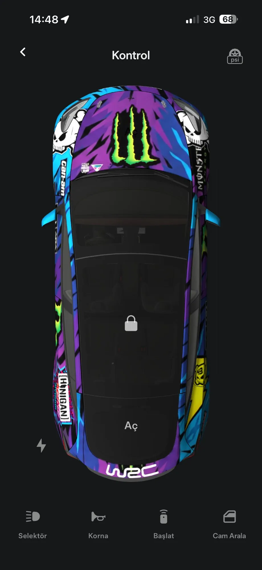 Tesla mobile app showing Hoonigan wrapped vehicle - overhead control view